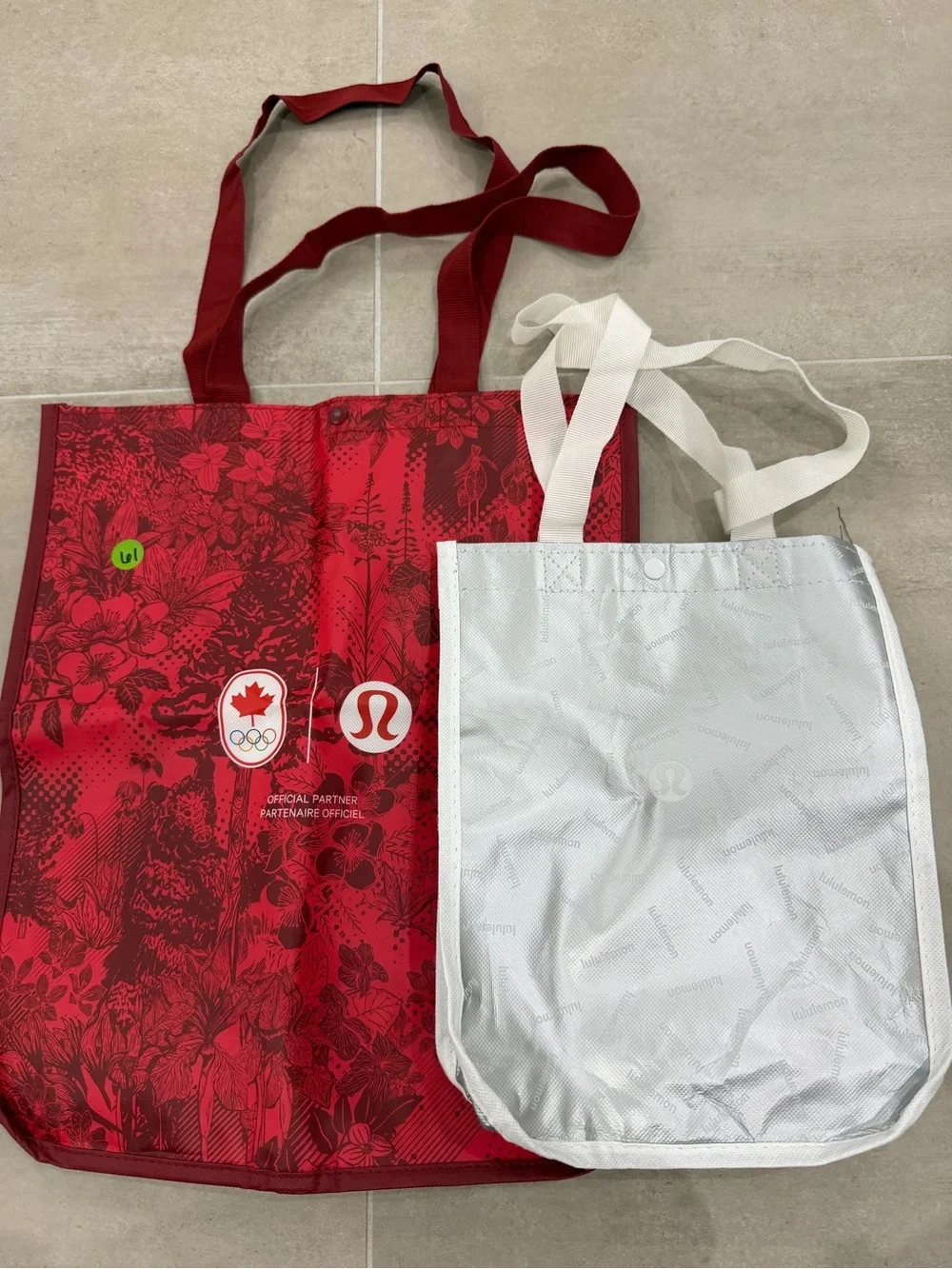 lululemon athletica bundle Red Floral Tote and Silver reusable tote Bag